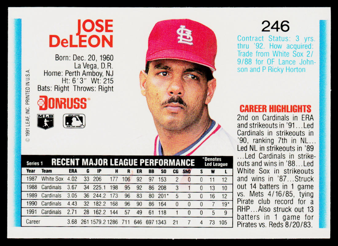 Jose DeLeon 1992 Donruss #246 St. Louis Cardinals