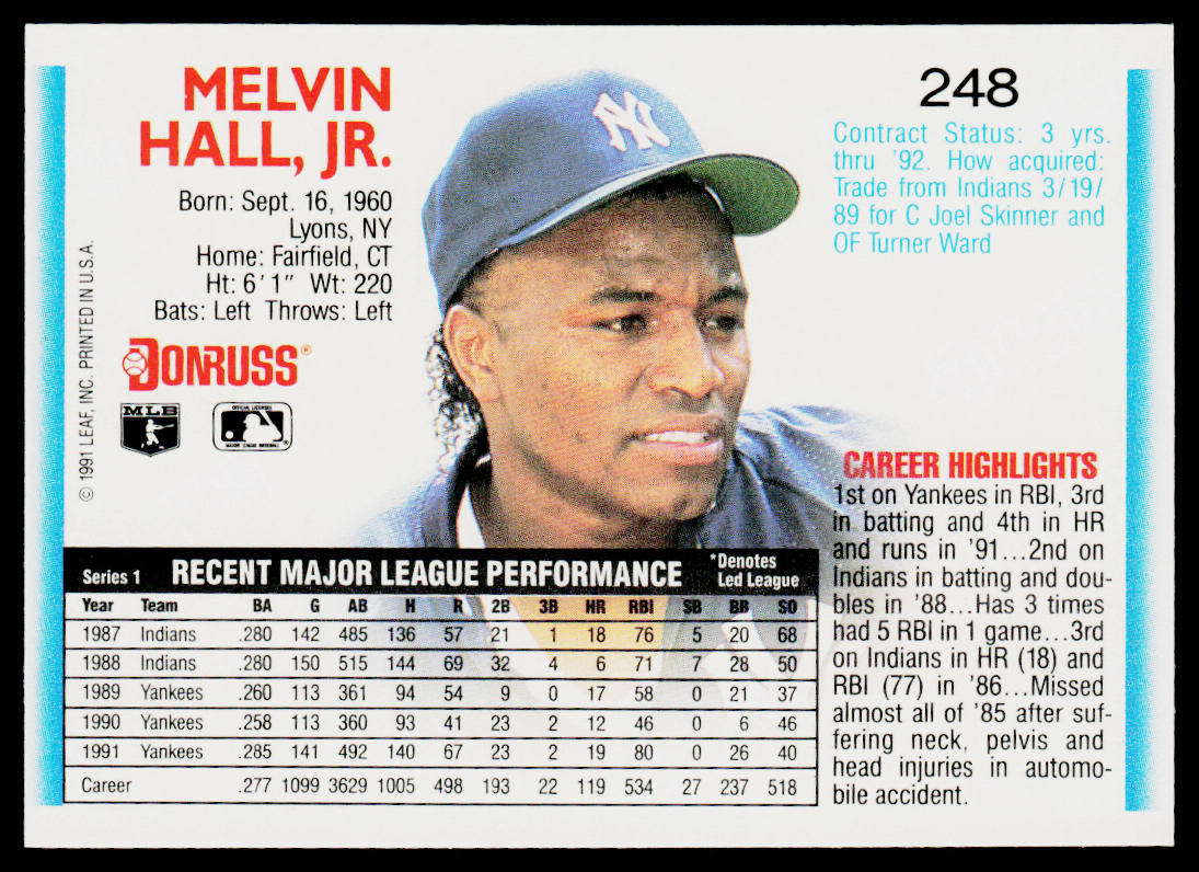 Mel Hall 1992 Donruss #248 New York Yankees