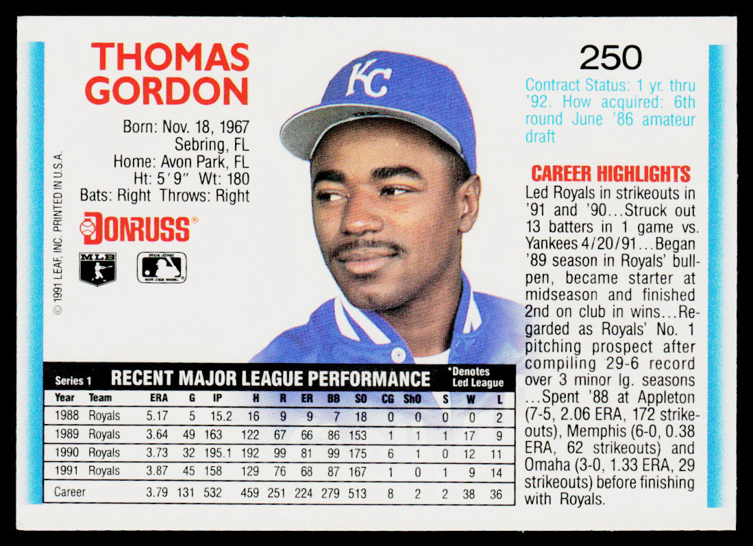 Tom Gordon 1992 Donruss #250 Kansas City Royals