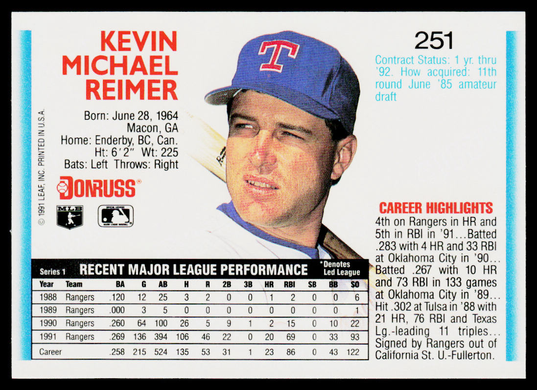 Kevin Reimer 1992 Donruss #251b Texas Rangers