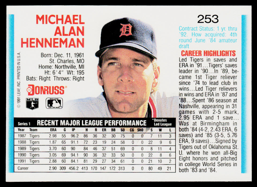 Mike Henneman 1992 Donruss #253b Detroit Tigers