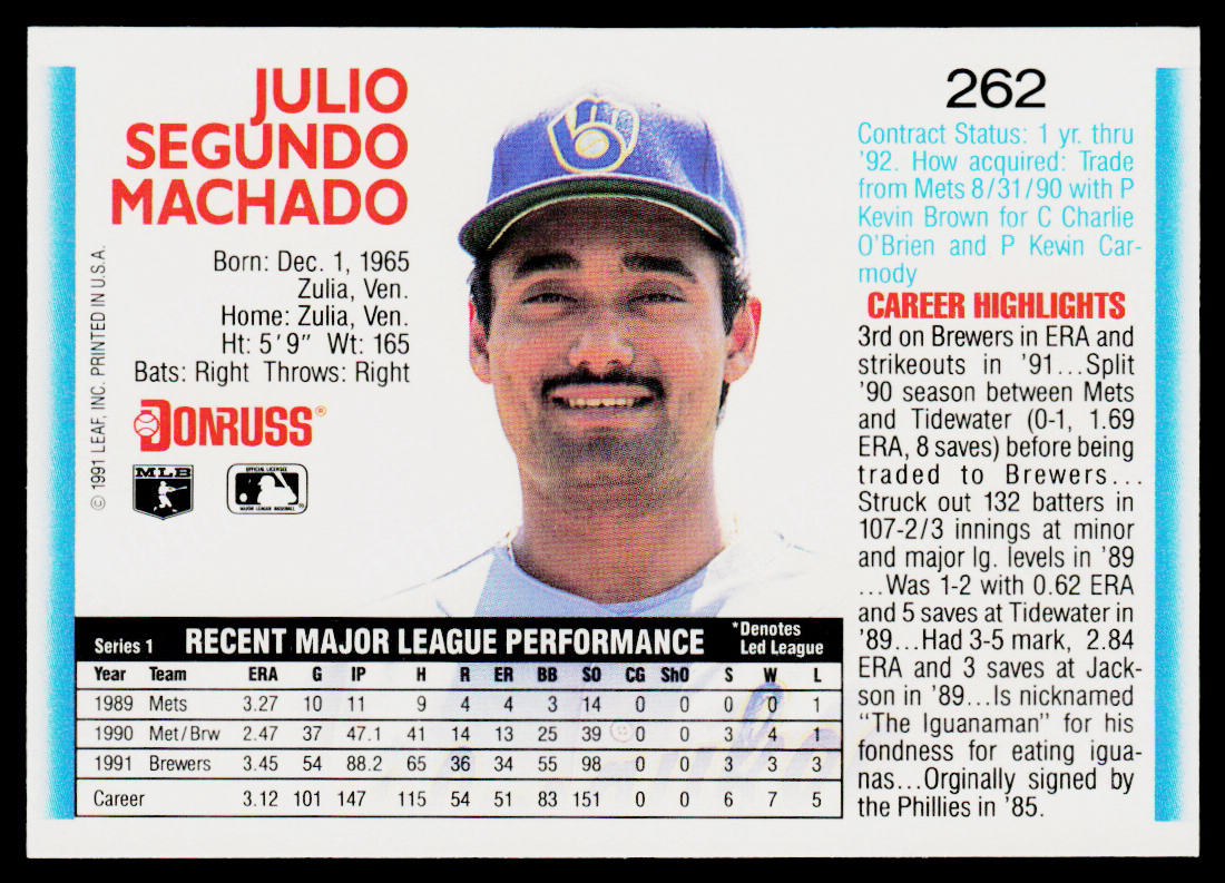 Julio Machado 1992 Donruss #262 Milwaukee Brewers