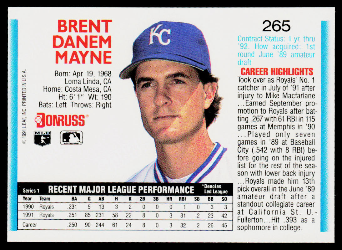 Brent Mayne 1992 Donruss #265b Kansas City Royals