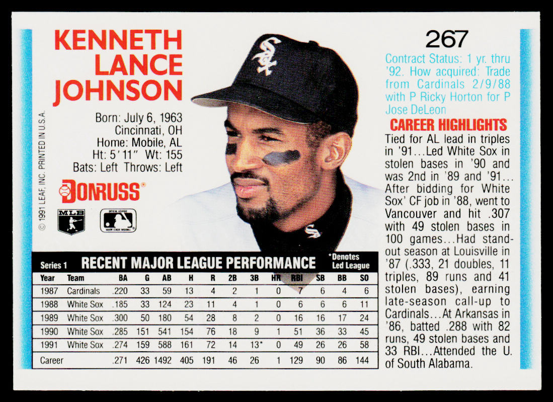 Lance Johnson 1992 Donruss #267 Chicago White Sox