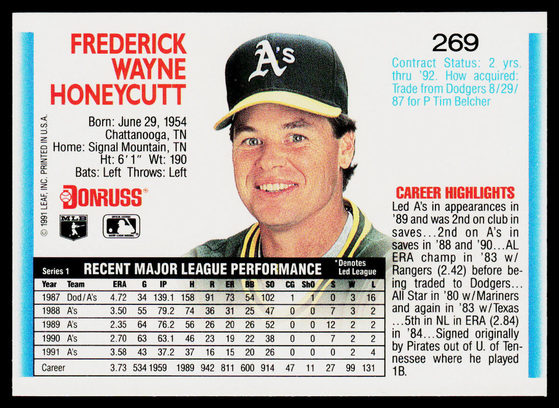 Rick Honeycutt 1992 Donruss #269b Oakland Athletics