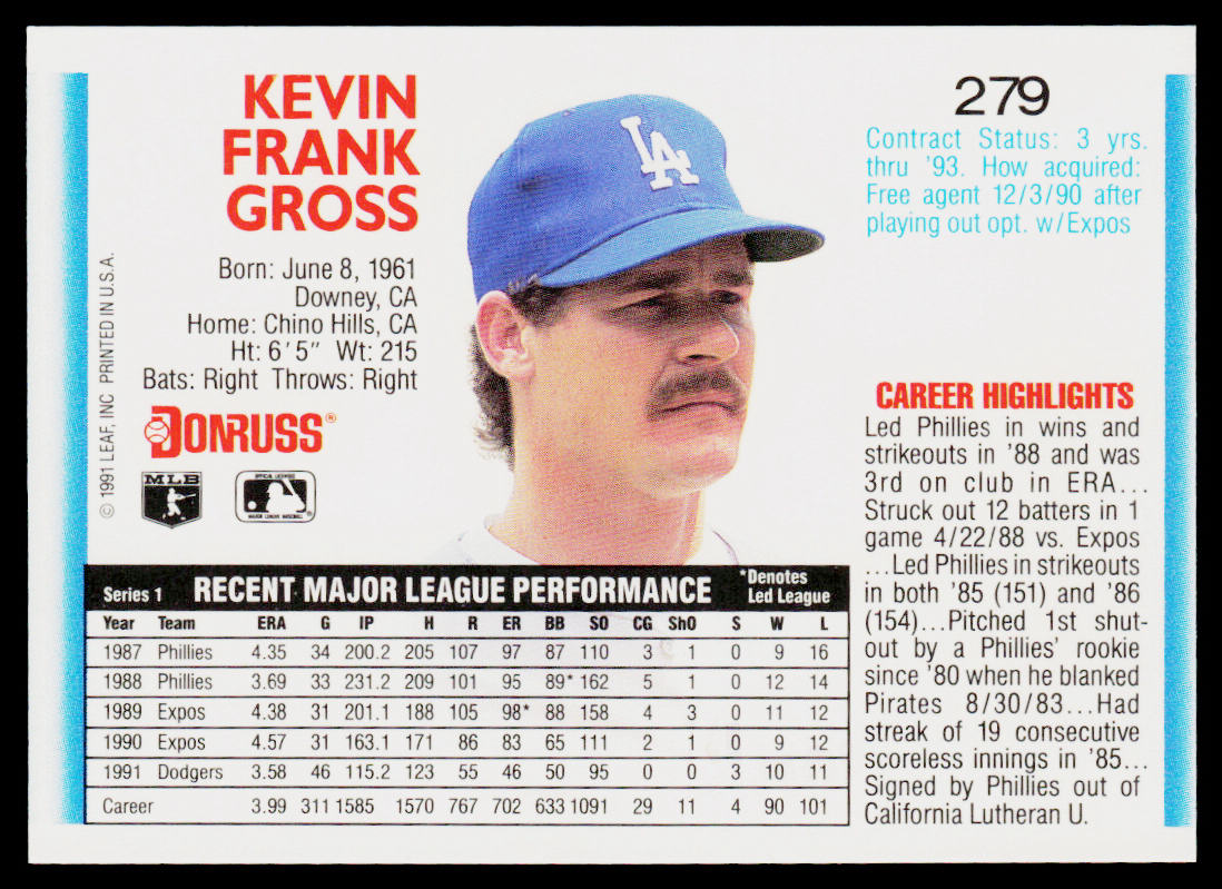 Kevin Gross 1992 Donruss #279b Los Angeles Dodgers
