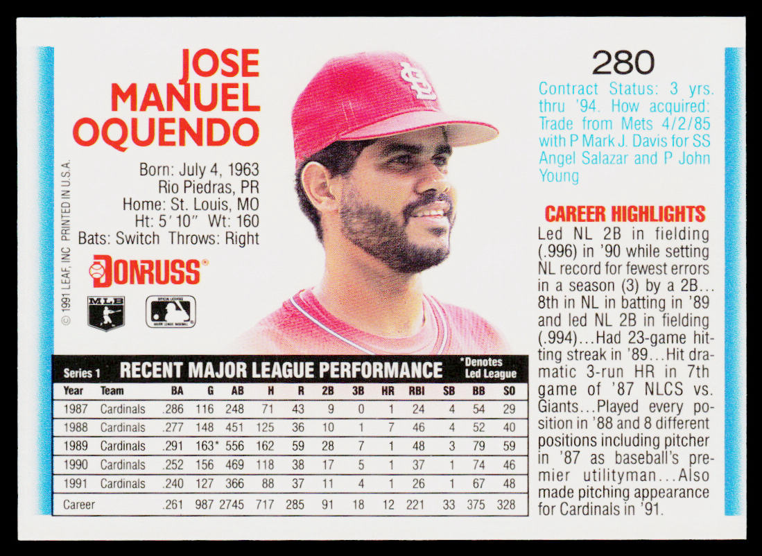 Jose Oquendo 1992 Donruss #280 St. Louis Cardinals