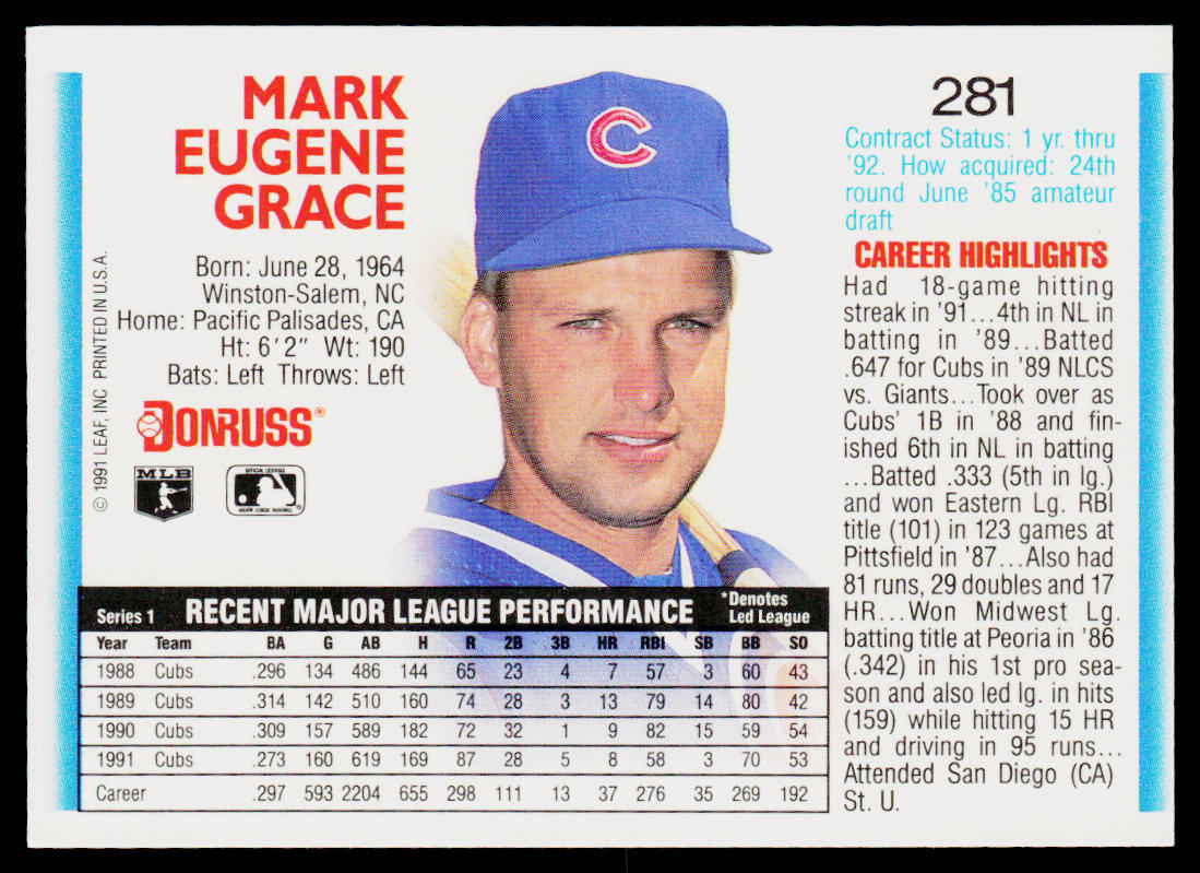 Mark Grace 1992 Donruss #281 Chicago Cubs