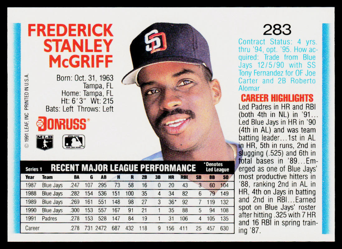 Fred McGriff 1992 Donruss #283b San Diego Padres