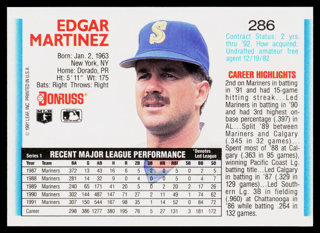 Edgar Martinez 1992 Donruss #286b Seattle Mariners