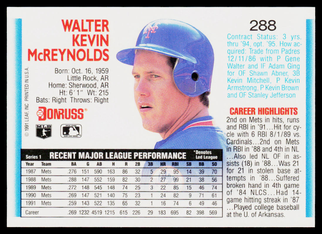 Kevin McReynolds 1992 Donruss #288b New York Mets