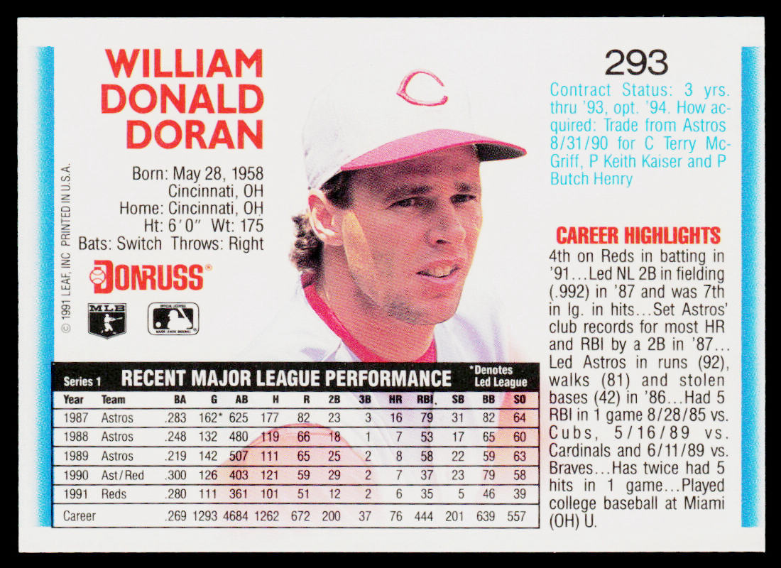 Bill Doran 1992 Donruss #293b Cincinnati Reds