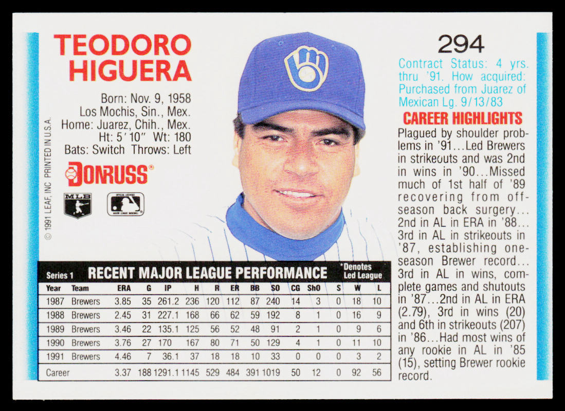 Ted Higuera 1992 Donruss #294 Milwaukee Brewers