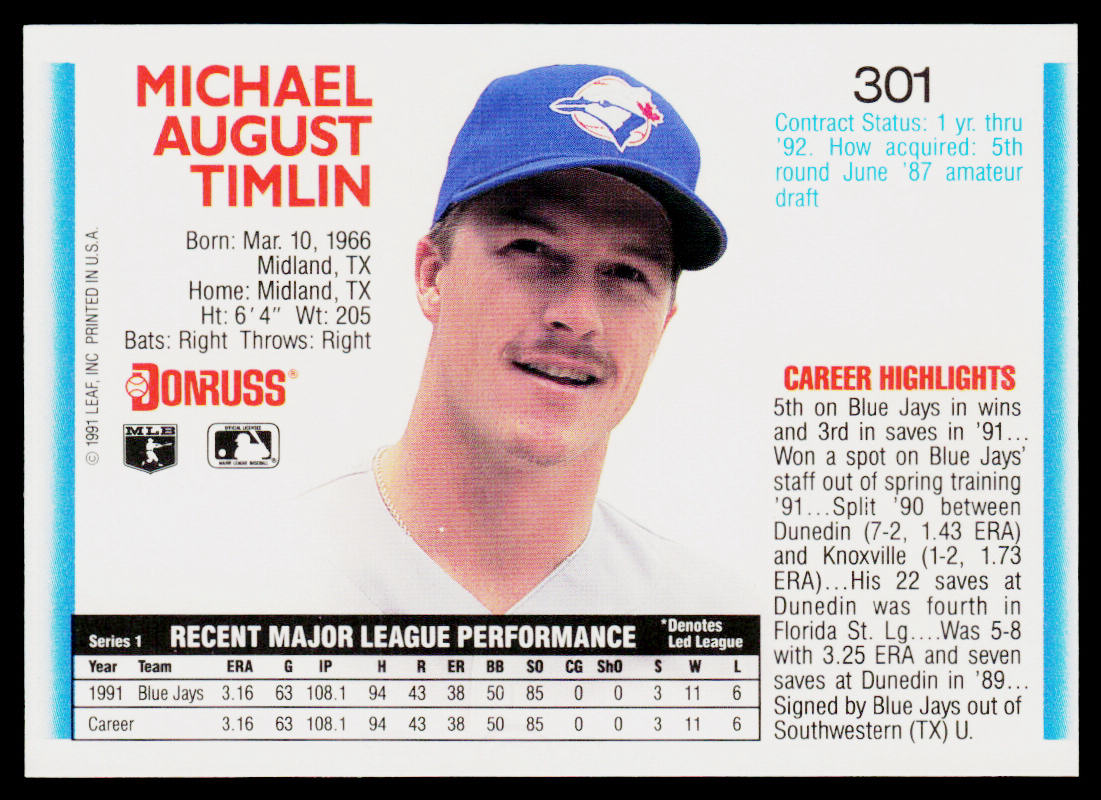 Mike Timlin 1992 Donruss #301b Toronto Blue Jays