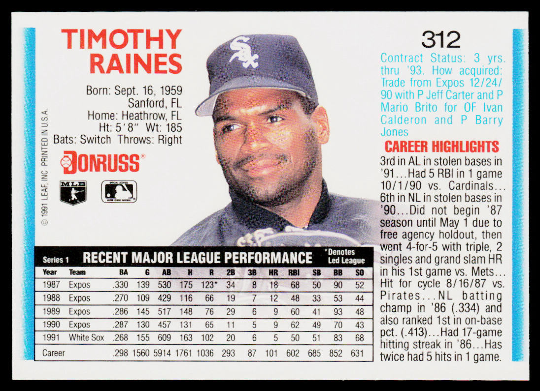 Tim Raines 1992 Donruss #312 Chicago White Sox