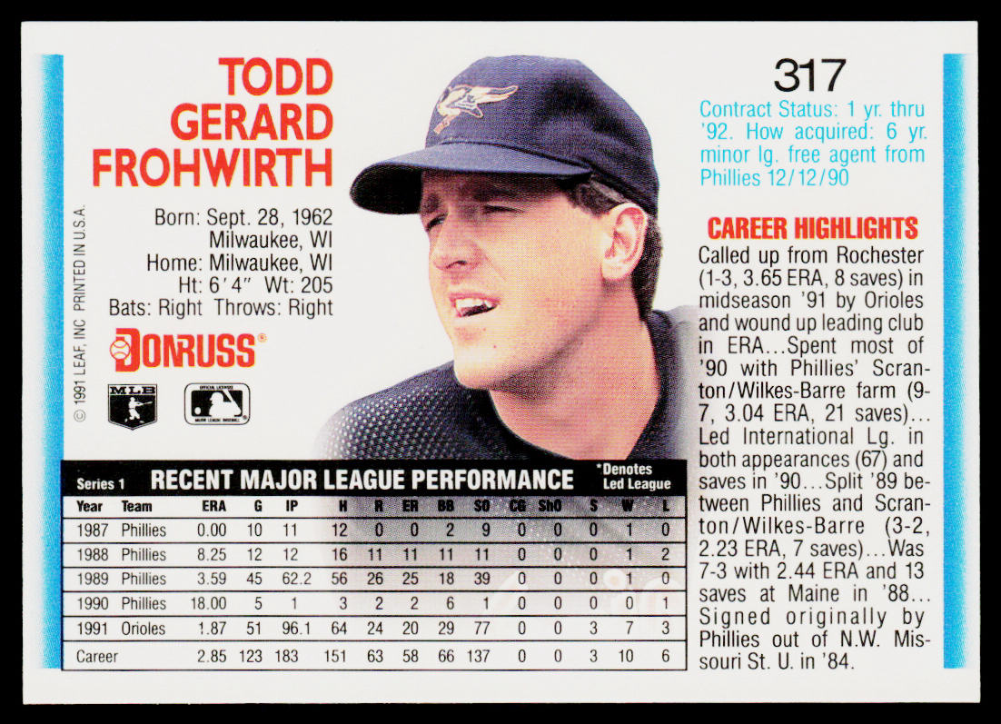 Todd Frohwirth 1992 Donruss #317 Baltimore Orioles