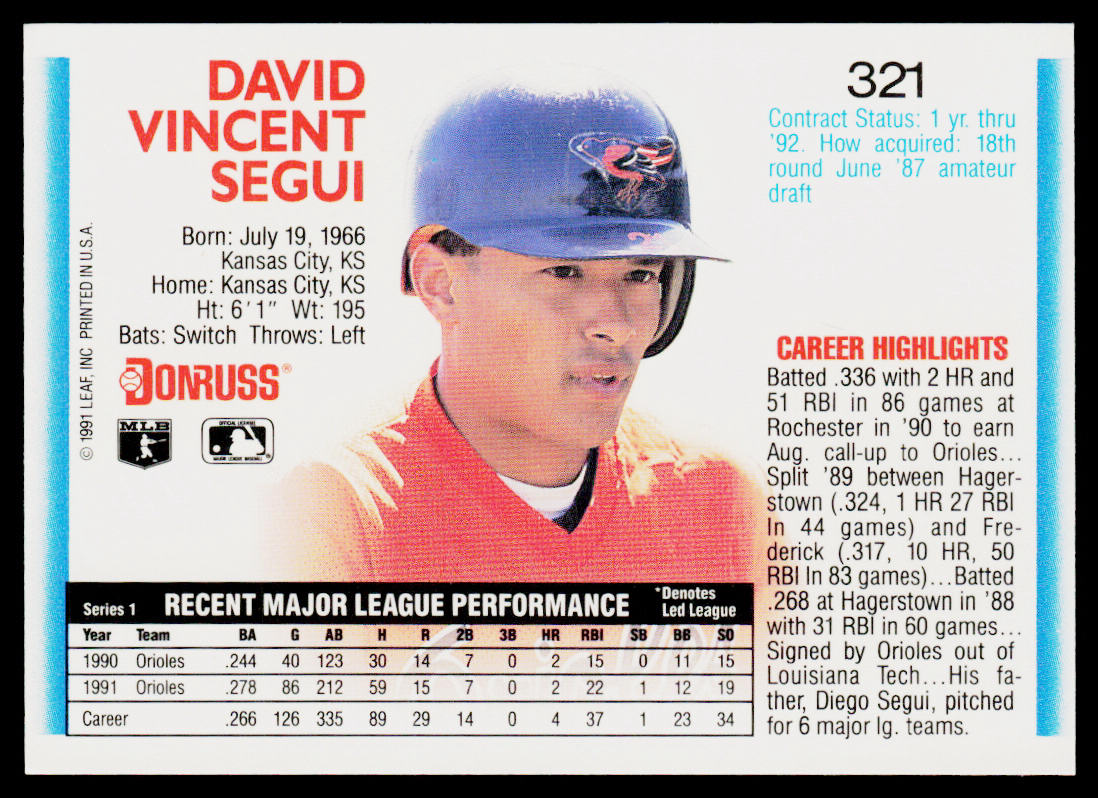 David Segui 1992 Donruss #321b Baltimore Orioles