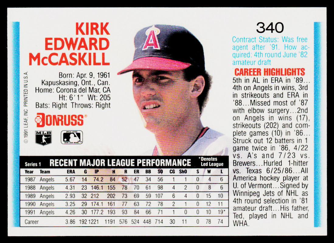 Kirk McCaskill 1992 Donruss #340b California Angels