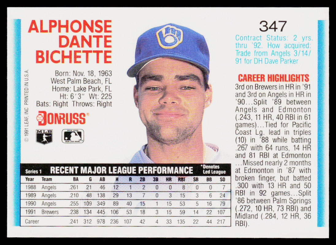 Dante Bichette 1992 Donruss #347 Milwaukee Brewers