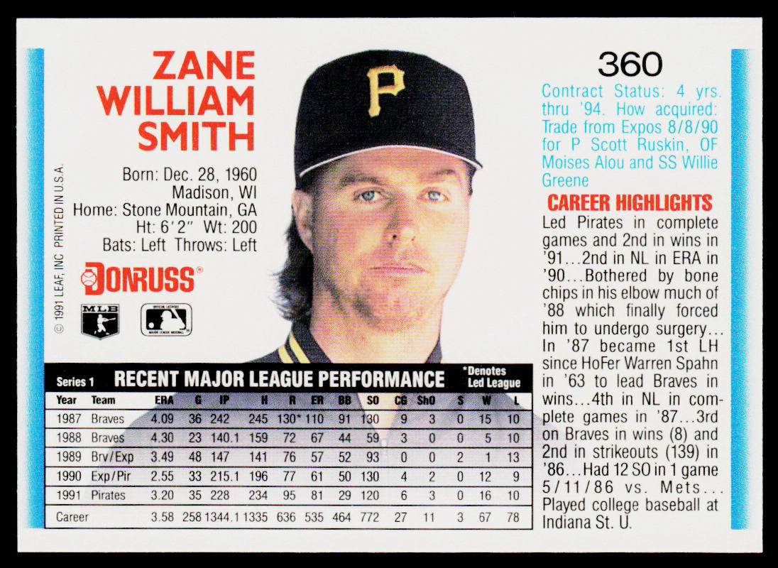 Zane Smith 1992 Donruss #360 Pittsburgh Pirates