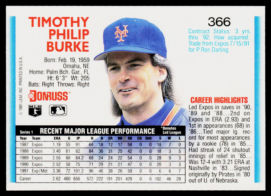 Tim Burke 1992 Donruss #366b New York Mets