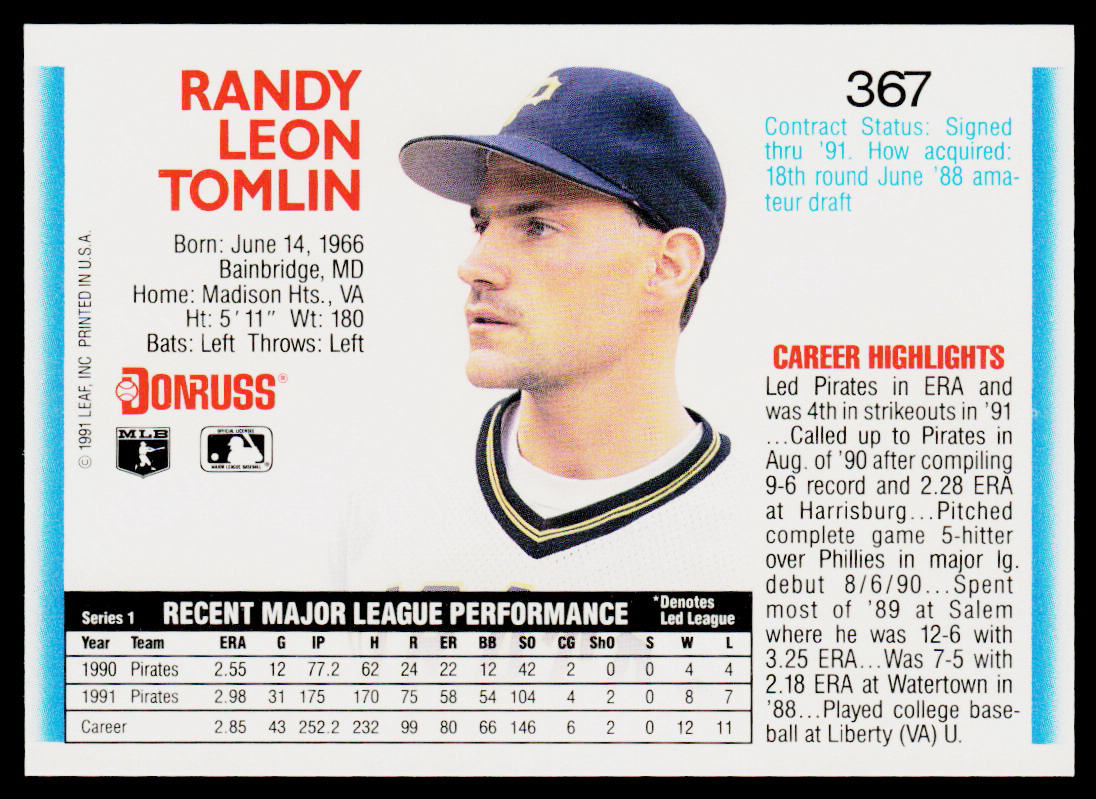 Randy Tomlin 1992 Donruss #367b Pittsburgh Pirates
