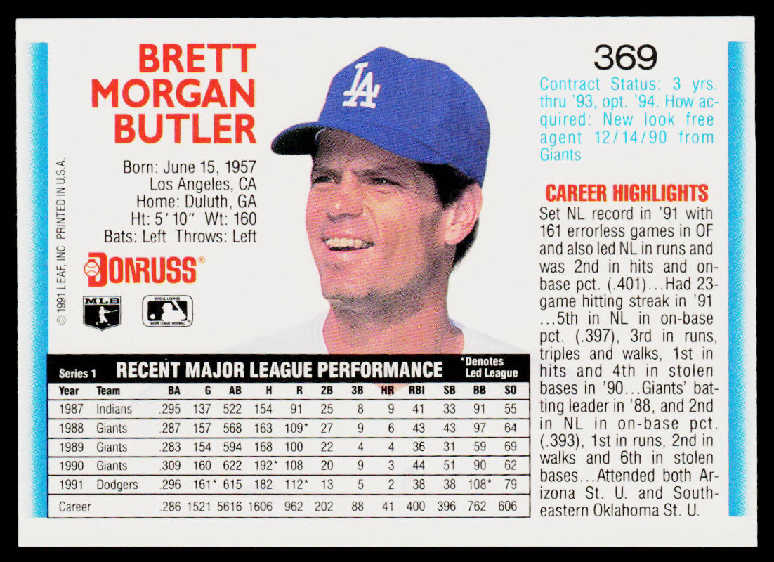 Brett Butler 1992 Donruss #369 Los Angeles Dodgers