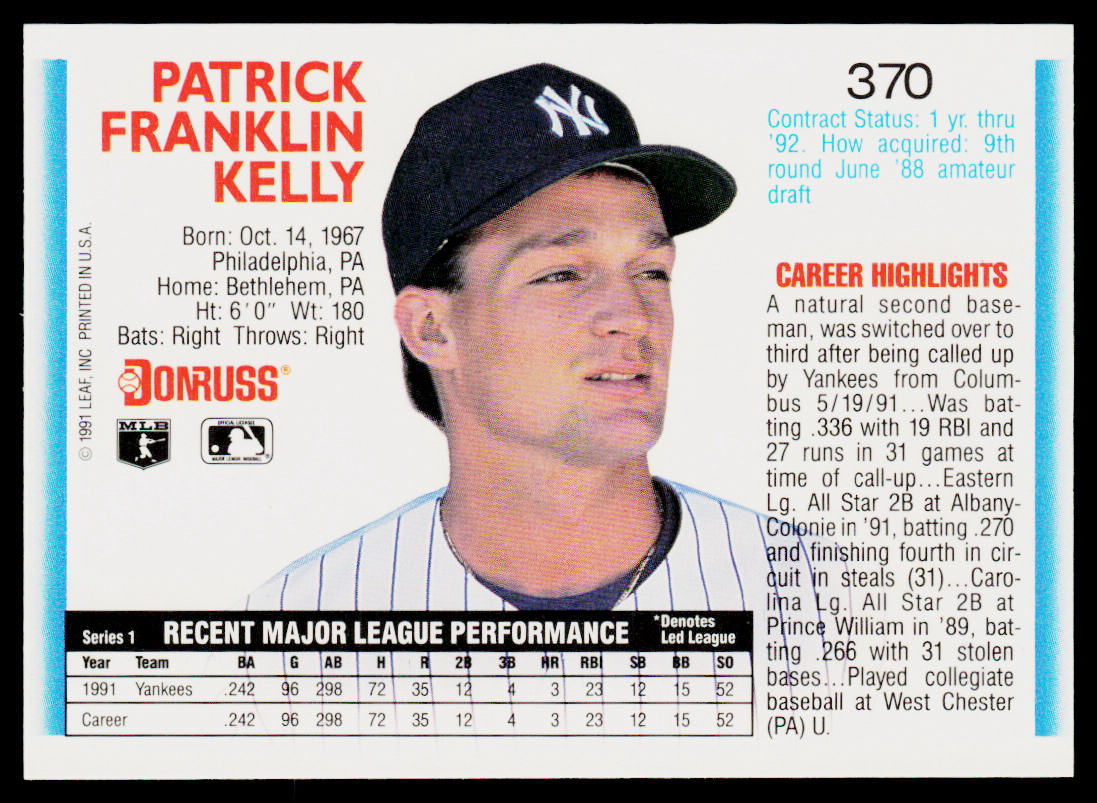 Pat Kelly 1992 Donruss #370 New York Yankees