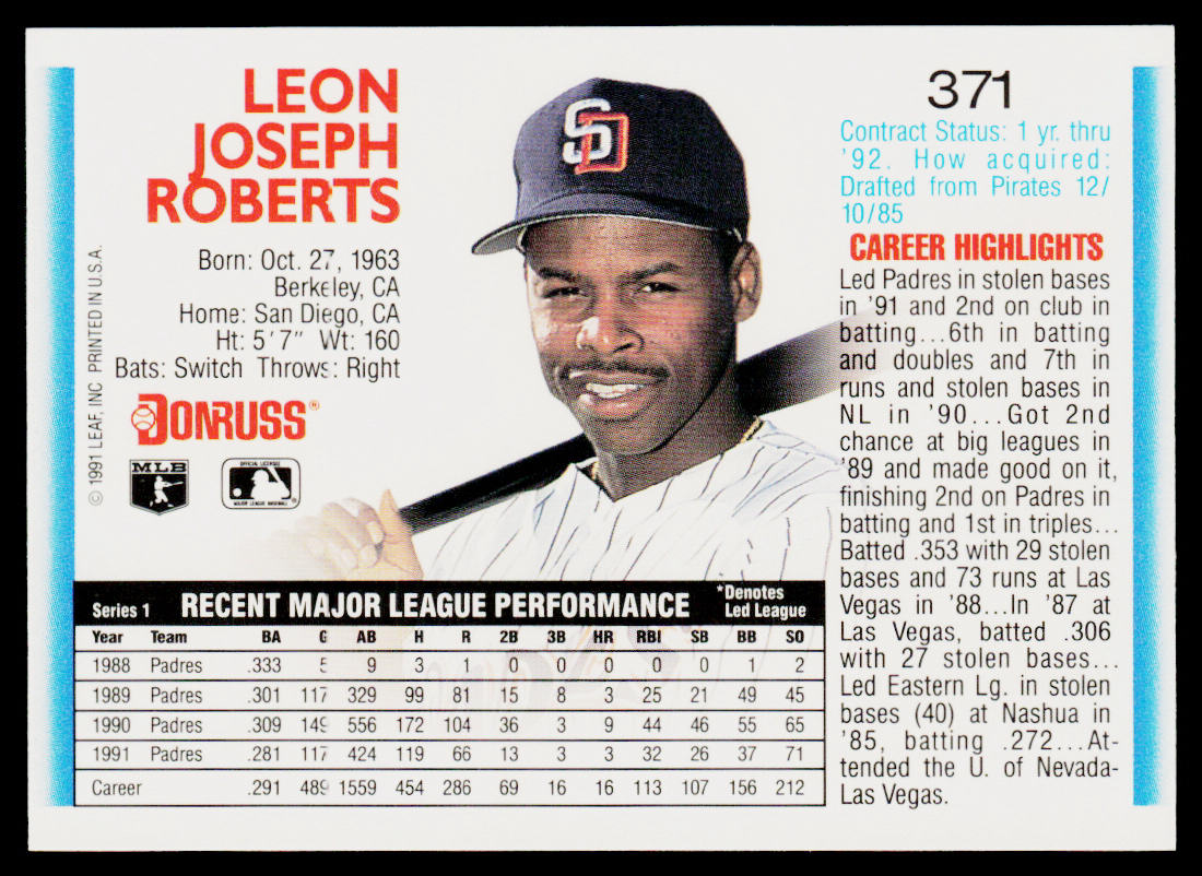 Bip Roberts 1992 Donruss #371b San Diego Padres