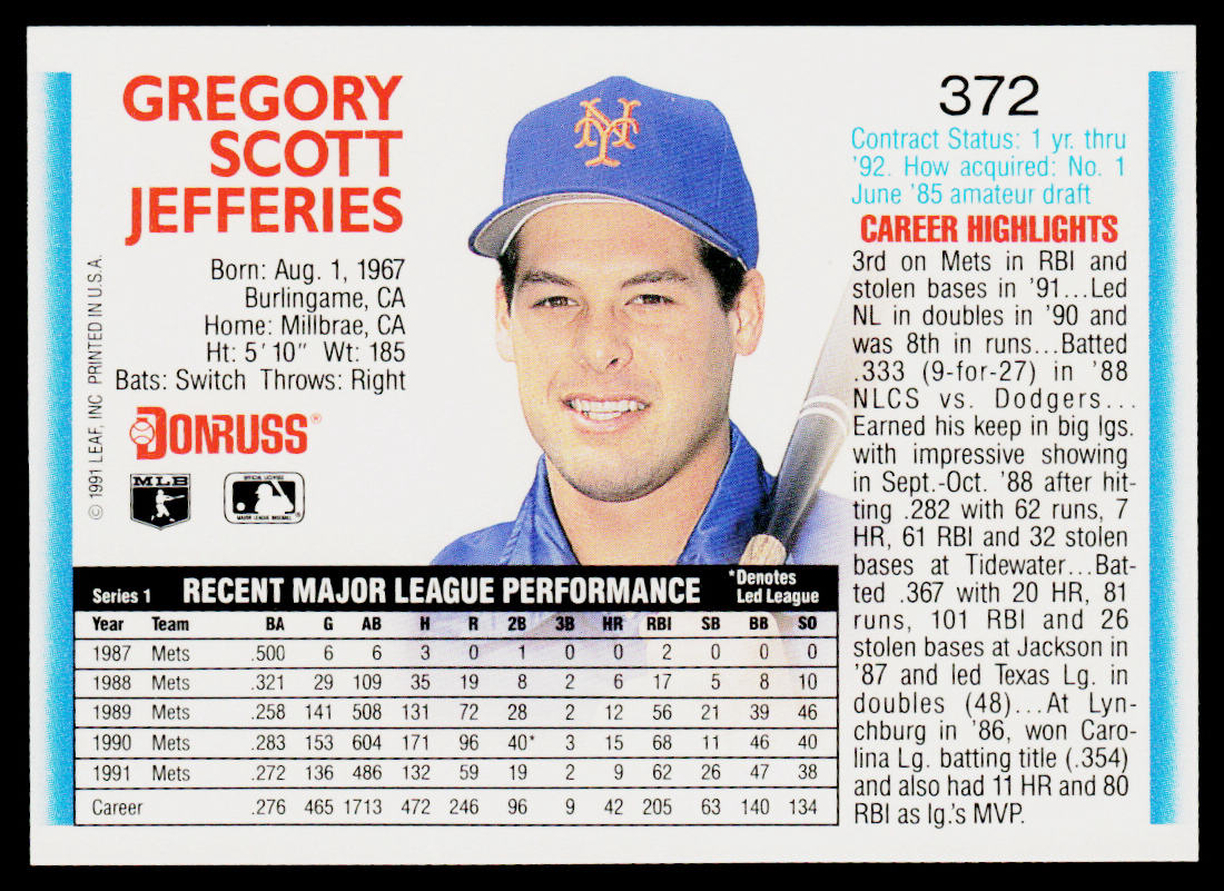 Gregg Jefferies 1992 Donruss #372b New York Mets