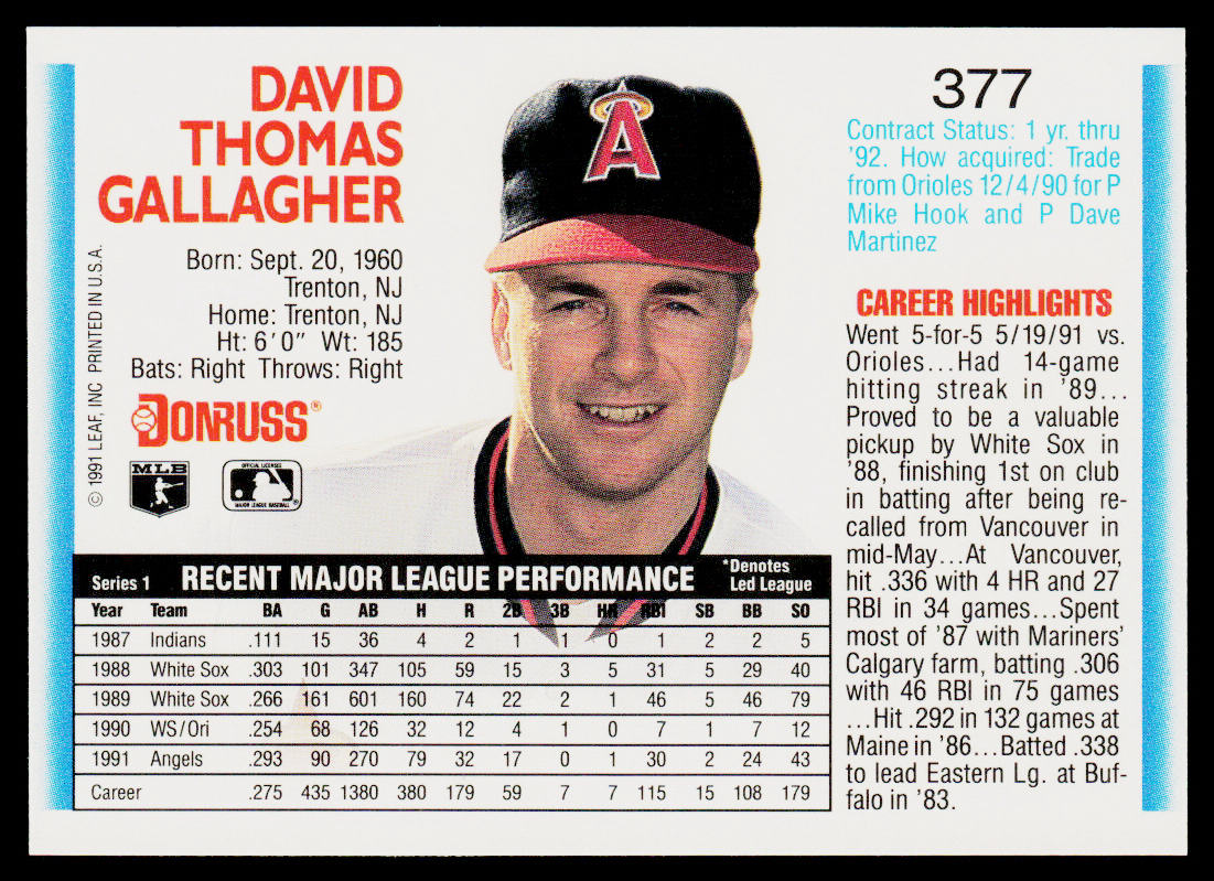 Dave Gallagher 1992 Donruss #377b California Angels