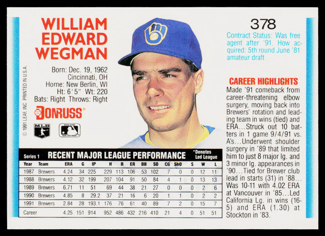 Bill Wegman 1992 Donruss #378 Milwaukee Brewers