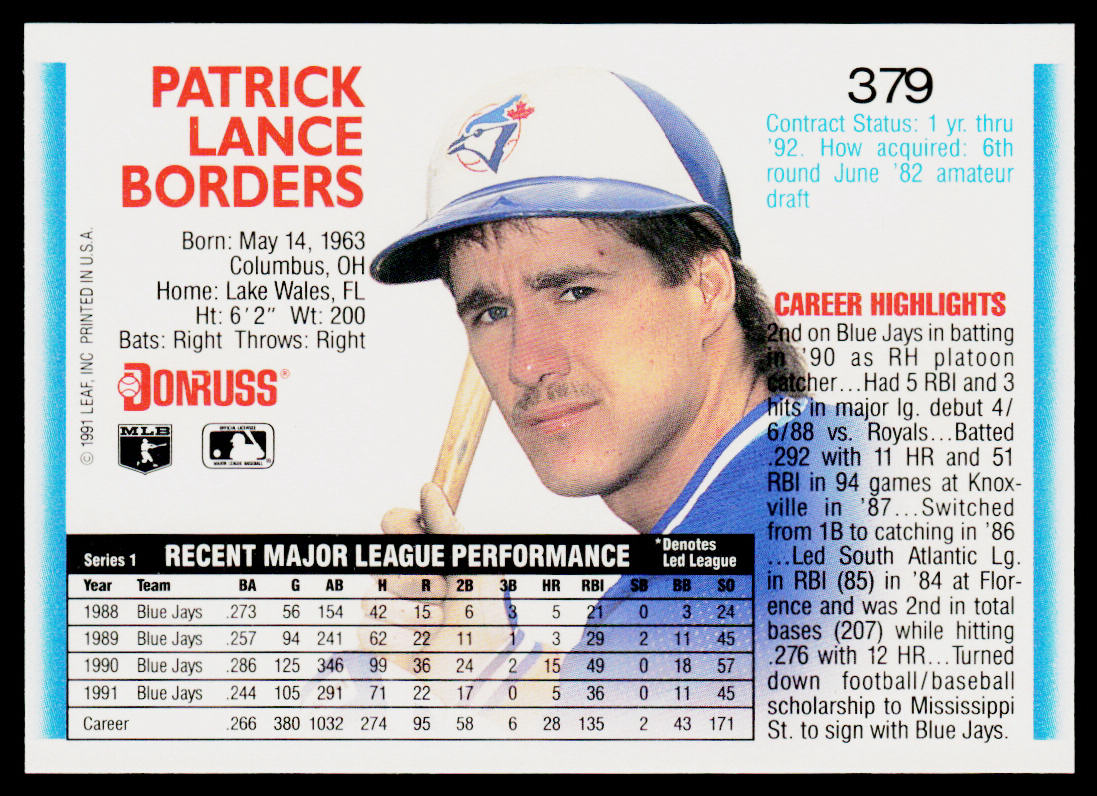 Pat Borders 1992 Donruss #379b Toronto Blue Jays