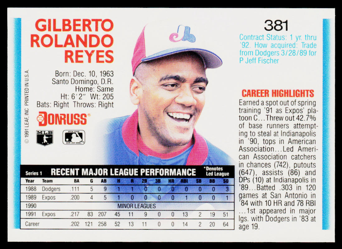 Gilberto Reyes 1992 Donruss #381b Montreal Expos