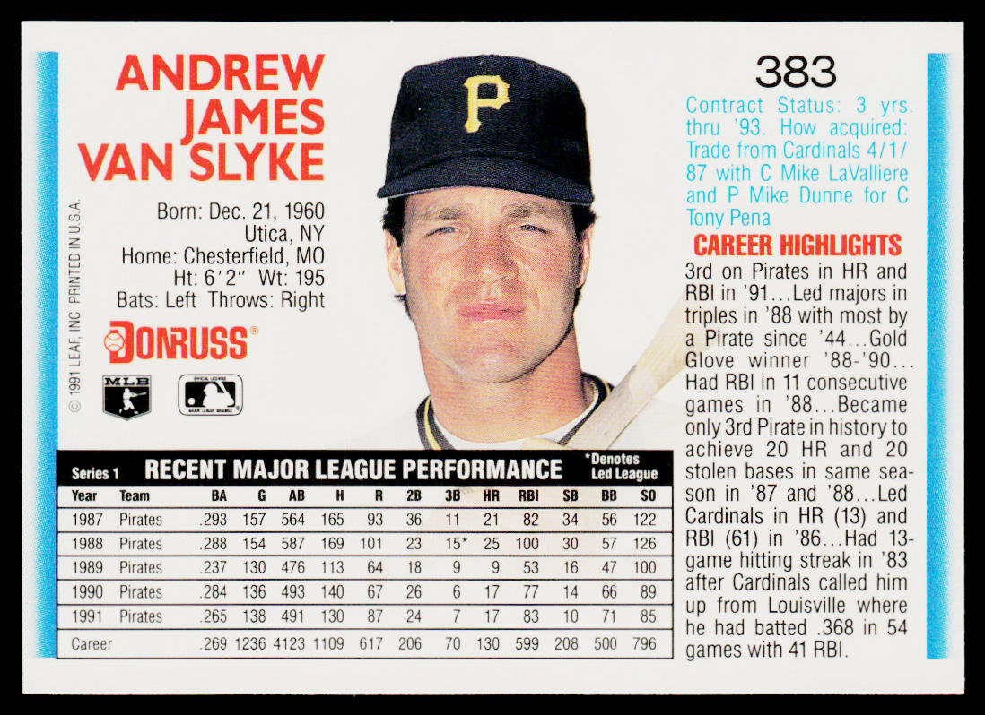 Andy Van Slyke 1992 Donruss #383b Pittsburgh Pirates