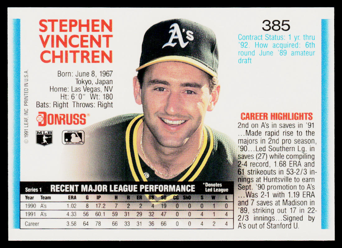 Steve Chitren 1992 Donruss #385b Oakland Athletics