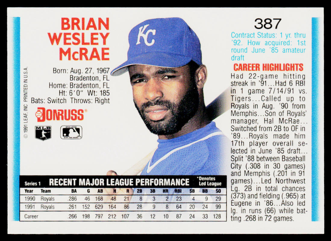 Brian McRae 1992 Donruss #387 Kansas City Royals