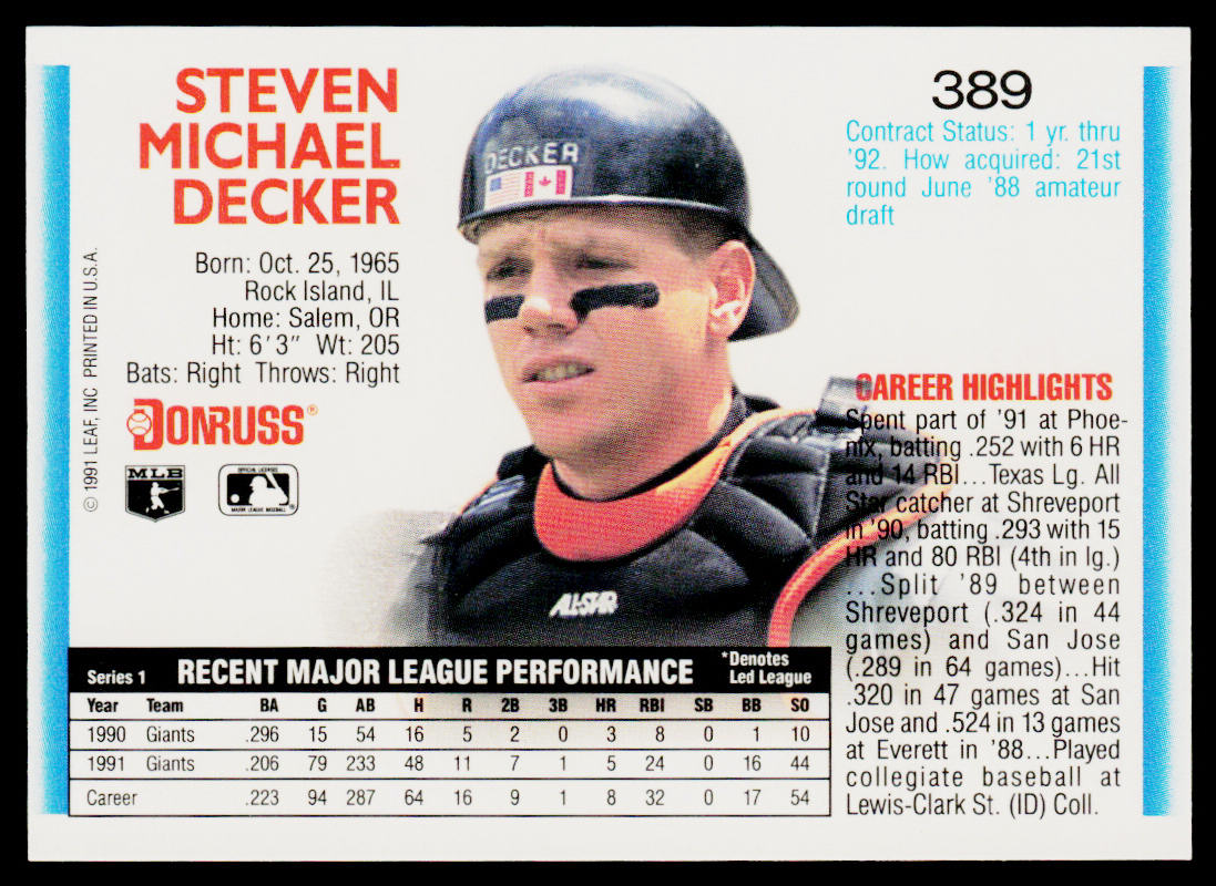 Steve Decker 1992 Donruss #389b San Francisco Giants