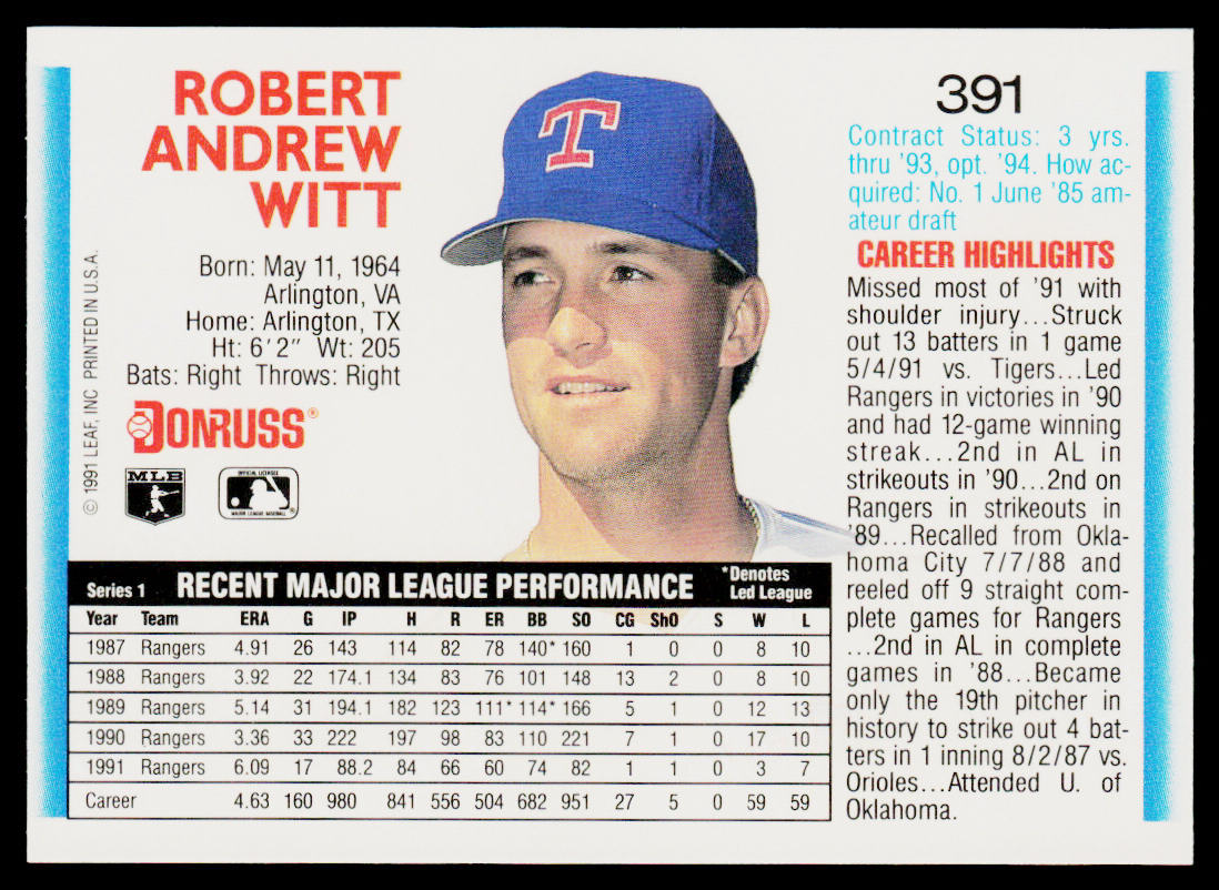 Bobby Witt 1992 Donruss #391b Texas Rangers