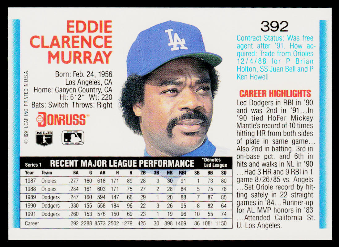 Eddie Murray 1992 Donruss #392 Los Angeles Dodgers