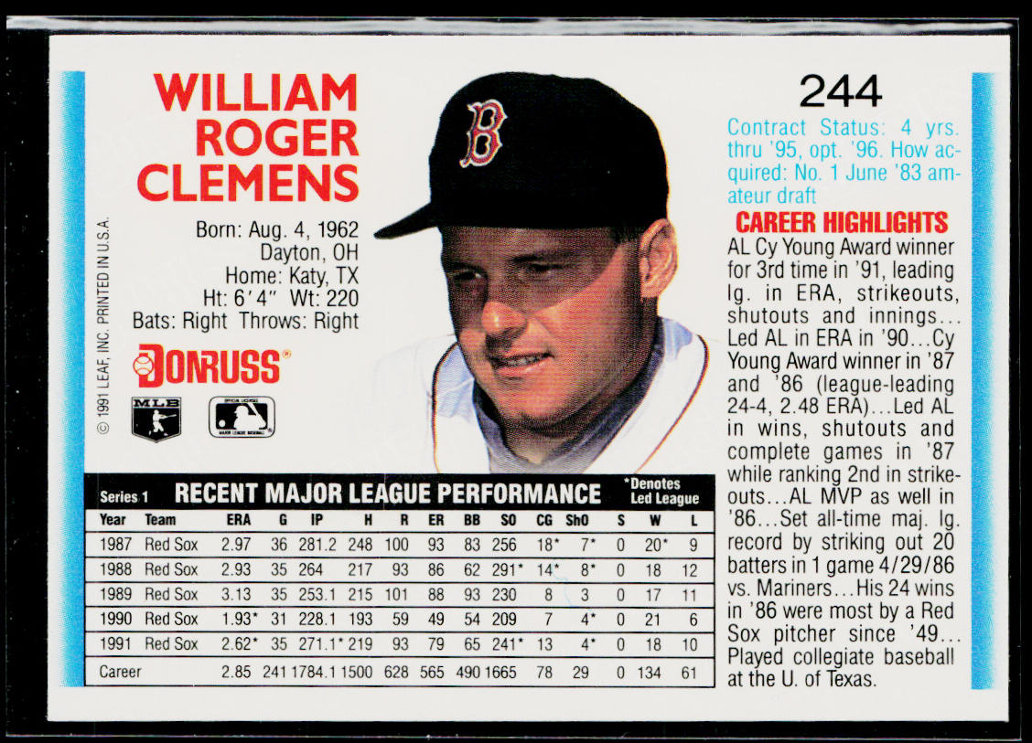 Roger Clemens 1992 Donruss #244b Boston Red Sox