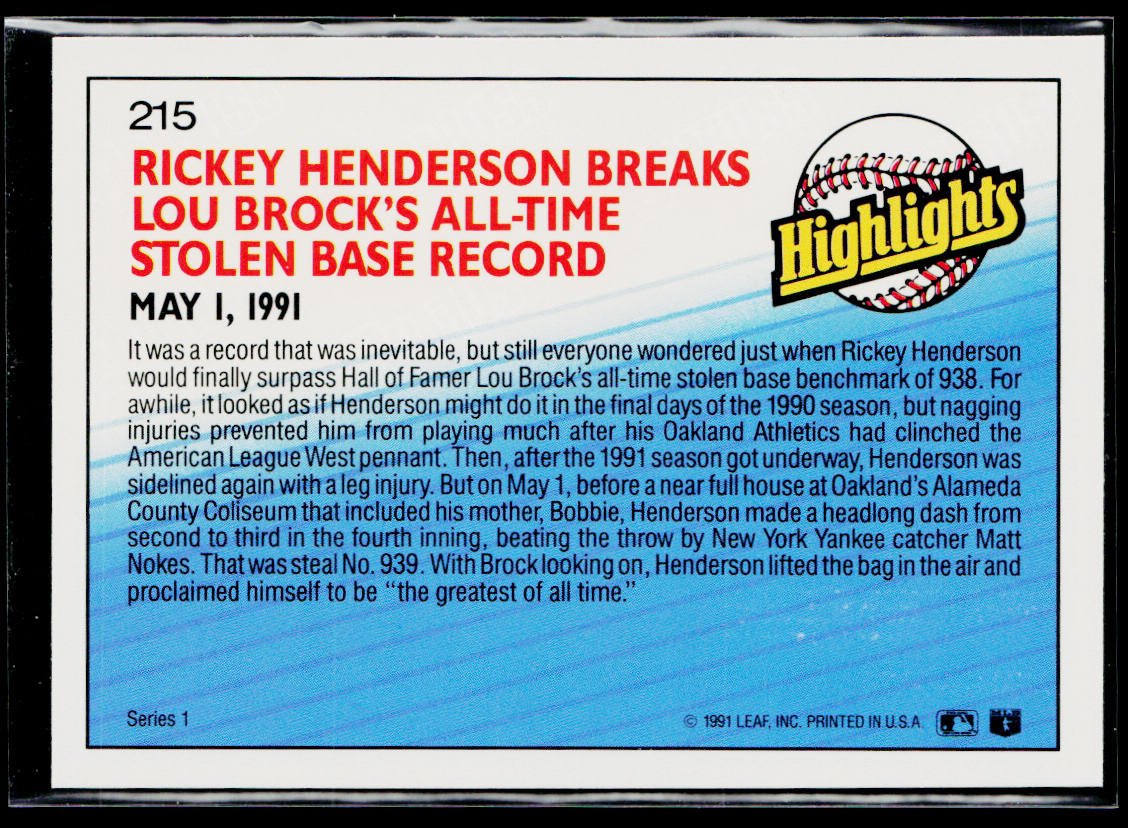 Rickey Henderson 1992 Donruss #215 Oakland Athletics