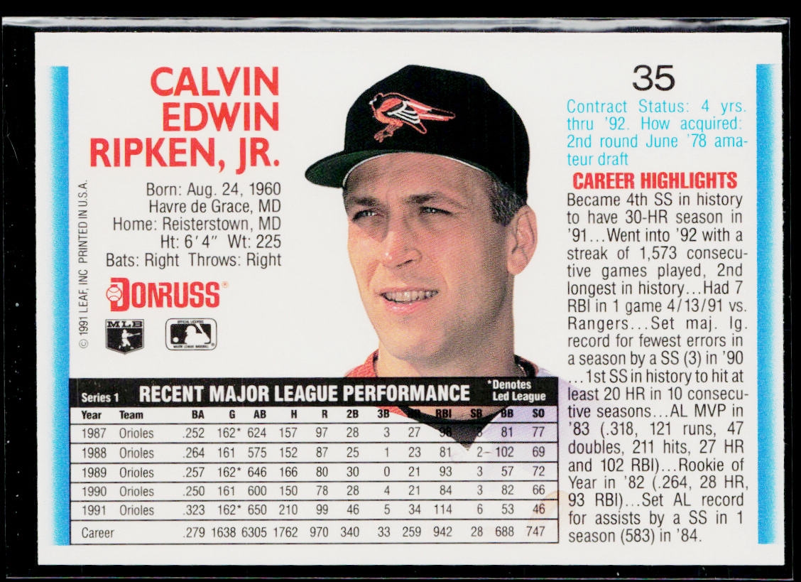 Cal Ripken 1992 Donruss #35 Baltimore Orioles