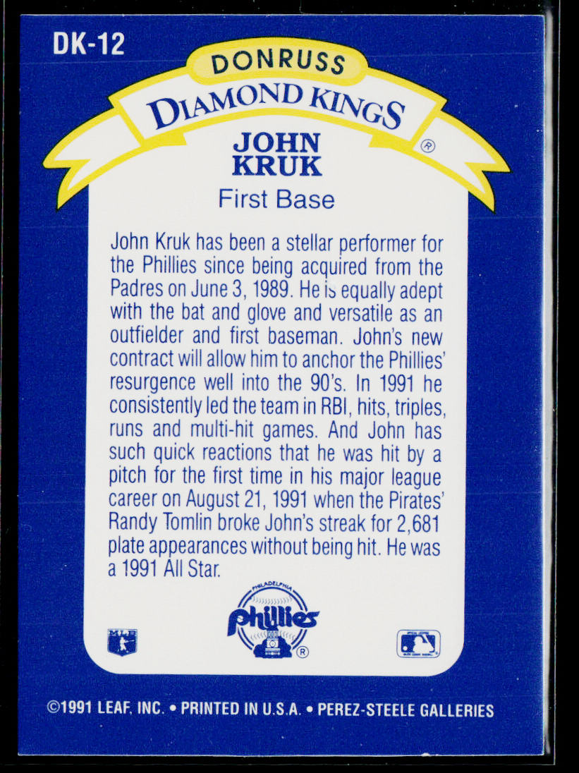 John Kruk 1992 Donruss Diamond Kings #DK-12 Philadelphia Phillies