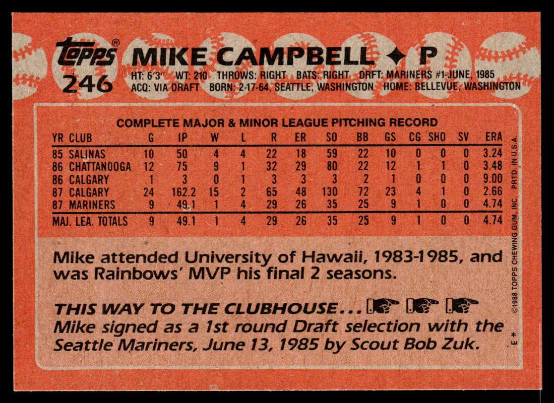Mike Campbell 1988 Topps #246 RC Seattle Mariners