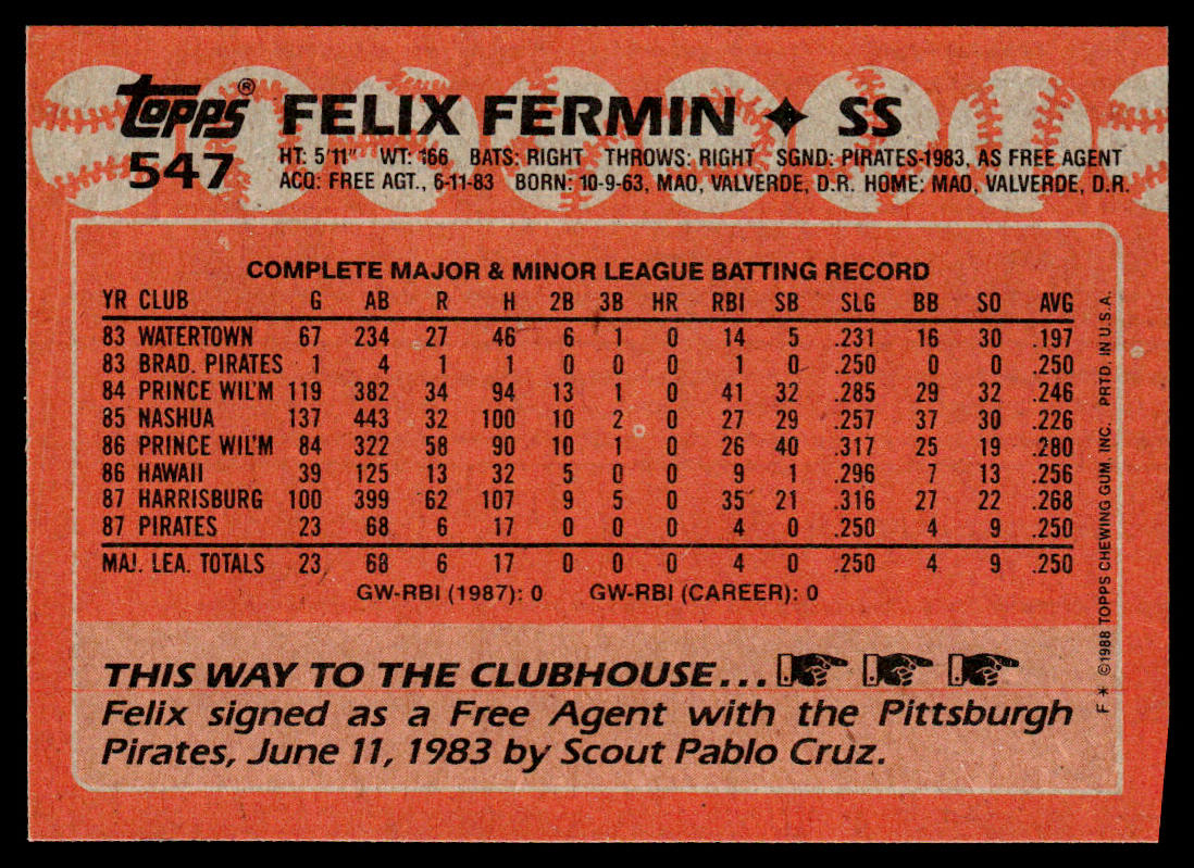 Felix Fermin 1988 Topps #547 RC Pittsburgh Pirates