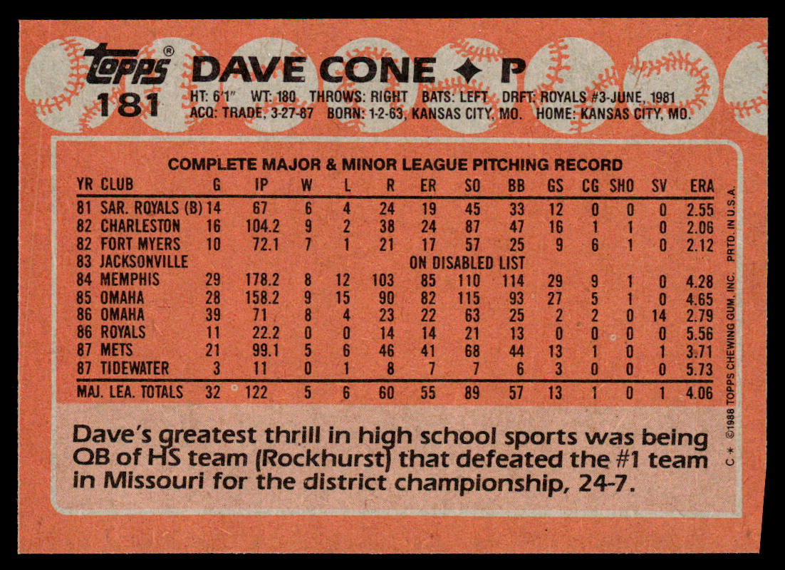 Dave Cone 1988 Topps #181 New York Mets