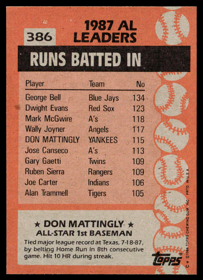 Don Mattingly 1988 Topps #386 New York Yankees