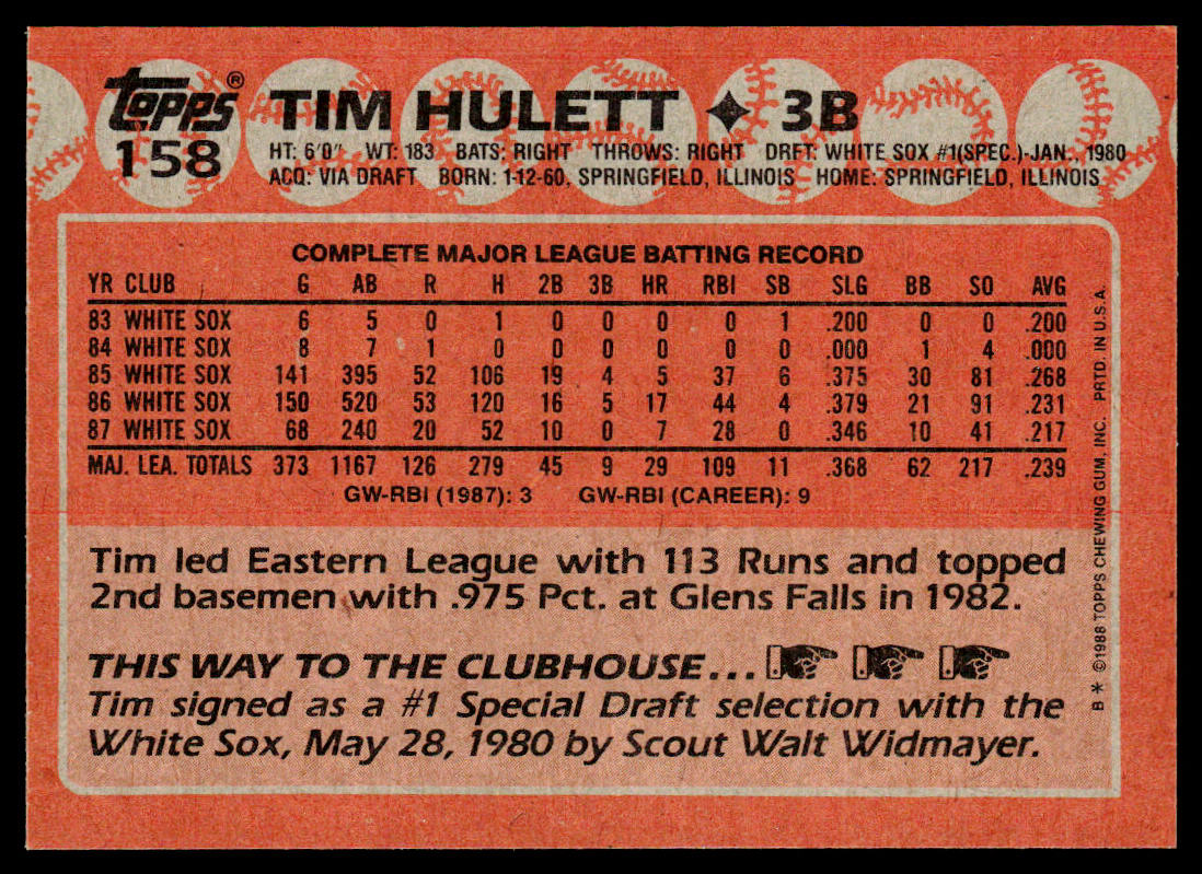 Tim Hulett 1988 Topps #158 Chicago White Sox