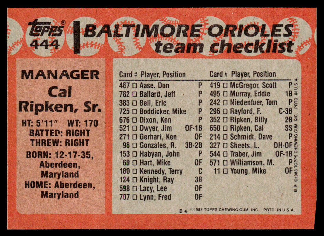 Cal Ripken Sr. 1988 Topps #444 Baltimore Orioles